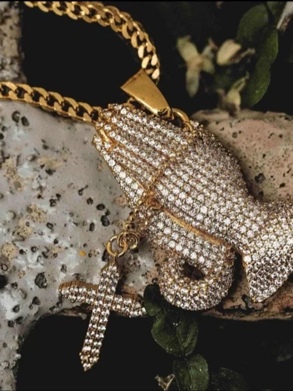 GLD Iced Praying Hands with Cross Pendant in Yellow Gold 18k Gold Plated CZ